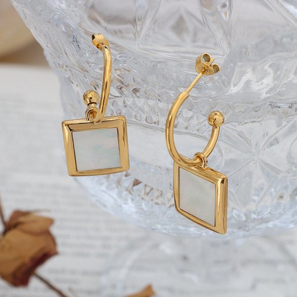 White Shell Geometric CC Hoop 18K‎ Gold Plated Pendant Earrings Stainless Steel - Picture 5 of 7